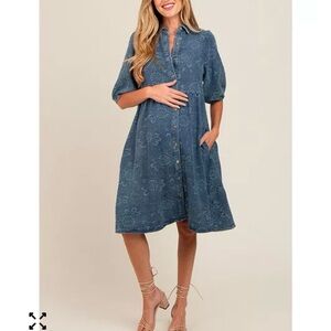 MACYs maternity Blue Button-Down puffy sleeve Dress